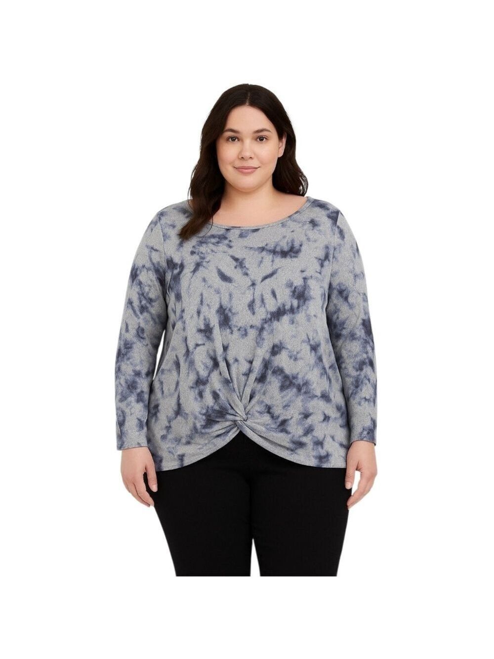 Plus Size Tie-Dye Twist Front Top Gray Blue Long Sleeve Knit 26/28